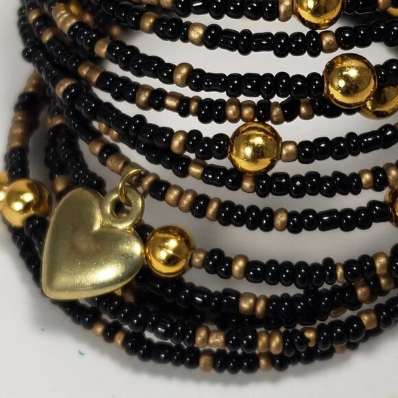 Black & Gold Beaded Wrap Bracelet – Multi-Strand with Gold Heart Charm, Jewelry - Picture 6 of 11